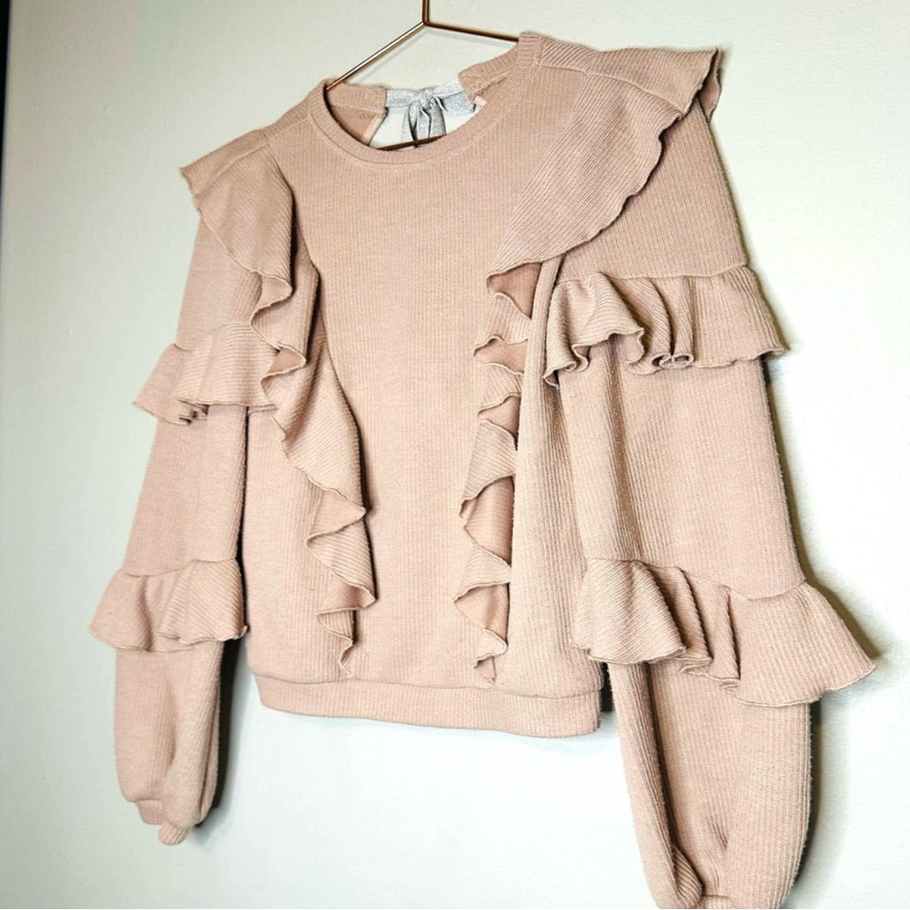 Saylor Avian Light Pink Ribbed Cascade Ruffle Tie Back Sweater Size Extra Small - Picture 3 of 8